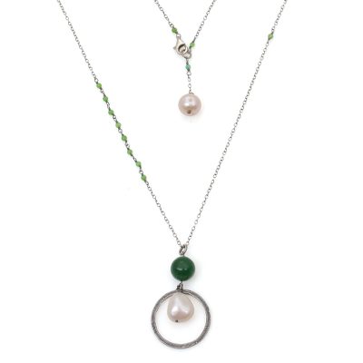 Cultured pearl and quartz long pendant necklace, 'Green Family' - Indonesian Cultured Pearl and Green Quartz Pendant Necklace
