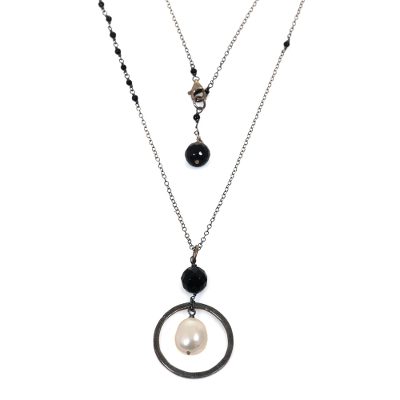 Cultured pearl and onyx pendant necklace, 'Source of Happiness' - Cultured Pearl and Black Onyx Pendant Necklace from Bali