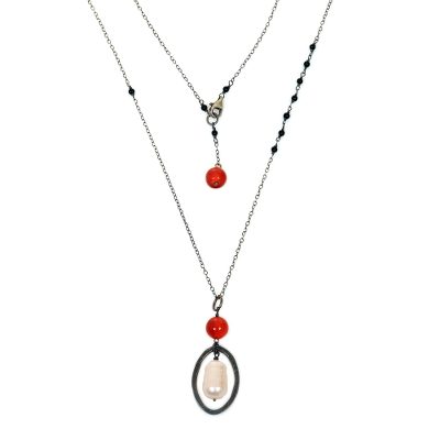 Multi-gemstone pendant necklace, 'Ubud Sunset' - Cultured Pearl Carnelian Onyx Pendant Necklace Indonesia