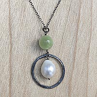 Multi-gemstone pendant necklace, 'Green Rain' - Cultured Pearl Chalcedony Pendant Necklace from Indonesia