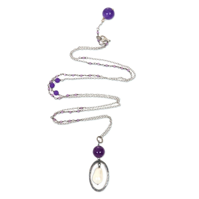 Amethyst and cultured pearl pendant necklace, 'Violet Dew' - Handcrafted Silver Amethyst Cultured Pearl Long Necklace