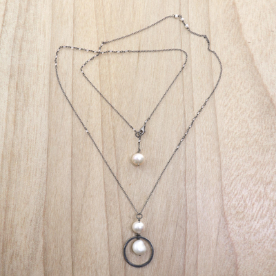Cultured pearl and moonstone long pendant necklace, 'Raindrop Halos' - Cultured Pearl Moonstone Pendant Necklace from Indonesia