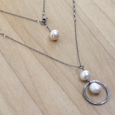 Collar largo con colgante de perlas cultivadas y piedra de luna - Collar con colgante de piedra lunar y perlas cultivadas de Indonesia