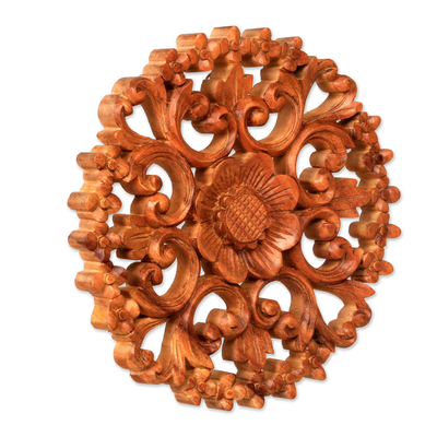 Wood relief panel, 'Halo of Flowers' - Balinese Artisan Hand Carved Floral Wood Relief Panel