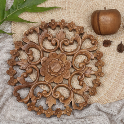 Wood relief panel, 'Halo of Flowers' - Balinese Artisan Hand Carved Floral Wood Relief Panel