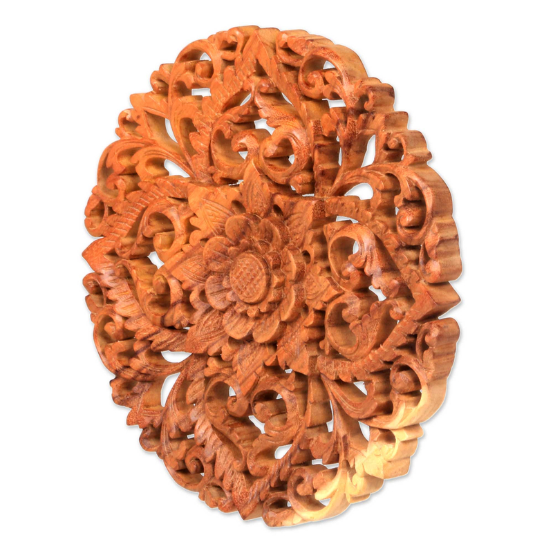 Traditional Balinese Floral Wood Round Relief Panel Carving - Royal Flower  | NOVICA Canada