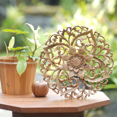 Wood relief panel, 'Royal Flower' - Traditional Balinese Floral Wood Round Relief Panel Carving