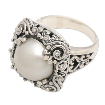 Cultured pearl cocktail ring, 'Spirit of the Moon' - Modern Balinese Cultured Pearl Ring in Sterling Silver