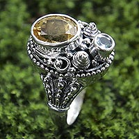 Ornate Sterling Silver Balinese Blue Topaz and Citrine Ring,'Bright Afternoon'