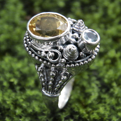 Citrine and blue topaz cocktail ring, 'Bright Afternoon' - Ornate Sterling Silver Balinese Blue Topaz and Citrine Ring