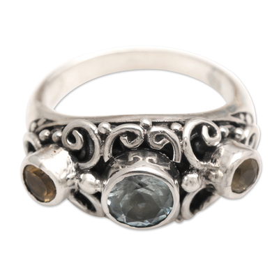 Citrine and blue topaz cocktail ring, 'Spirit of the Islands' - Balinese Citrine Sterling Silver and Blue Topaz Ring