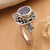 Amethyst cocktail ring, 'Orchids and Frangipani' - Sterling Silver Balinese Floral Cocktail Ring with Amethyst