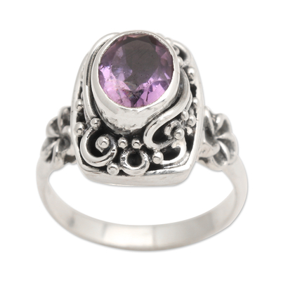 Amethyst cocktail ring, 'Orchids and Frangipani' - Sterling Silver Balinese Floral Cocktail Ring with Amethyst