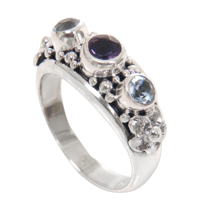 Amethyst and blue topaz cocktail ring, 'Seminyak Blossoms' - Amethyst and Blue Topaz Sterling Silver Floral Ring