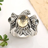 Citrine and blue topaz cocktail ring, 'Golden Eagle' - Sterling Silver Eagle Theme Ring with Citrine and Blue Topaz