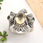 Citrine and blue topaz cocktail ring, 'Golden Eagle' - Sterling Silver Eagle Theme Ring with Citrine and Blue Topaz