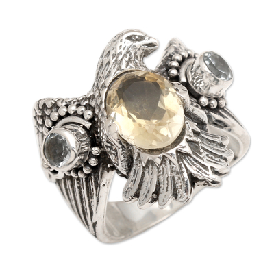 Citrine and blue topaz cocktail ring, 'Golden Eagle' - Sterling Silver Eagle Theme Ring with Citrine and Blue Topaz