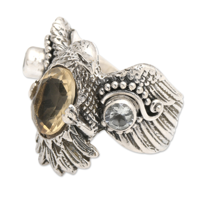 Citrine and blue topaz cocktail ring, 'Golden Eagle' - Sterling Silver Eagle Theme Ring with Citrine and Blue Topaz