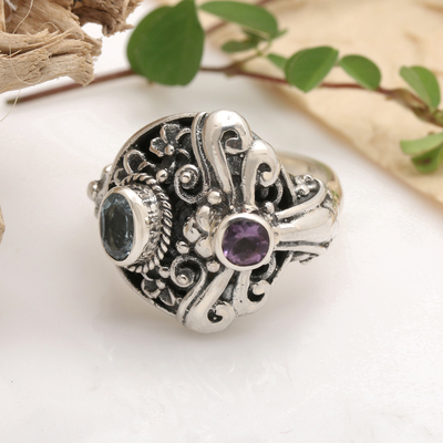 Blue topaz and amethyst cocktail ring, 'Seminyak Dragonfly' - Amethyst & Blue Topaz Sterling Silver Dragonfly Floral Ring
