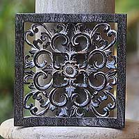 Wood relief panel, 'Black Floral Cross' - Signed Balinese Hand Carved Black Floral Cross Panel