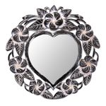 Wall mirror, 'Black Frangipani Heart' - Suar Wood Hand Carved Heart Shaped Floral Wall Mirror