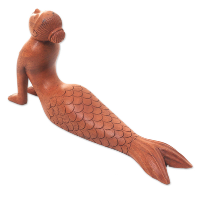 Wood sculpture, 'Bhujangasana Mermaid' - Signed Artisan Carved Mermaid and Yoga Theme Wood Sculpture