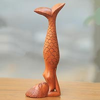 Wood sculpture, 'Sarwangasana Mermaid' - Bali Mermaid and Yoga Theme Artisan Carved Wood Sculpture