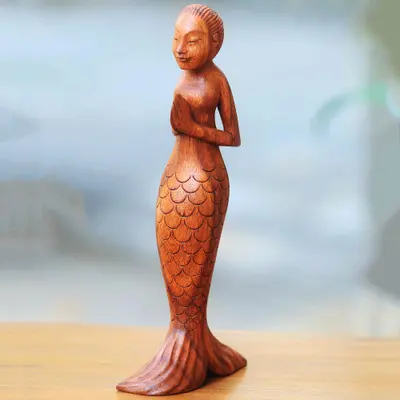 Escultura de madera - Escultura de madera firmada tallada a mano de sirena de yoga balinesa