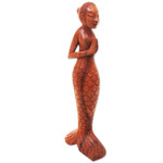 Wood sculpture, 'Namaste Mermaid' - Balinese Yoga Mermaid Hand Carved Signed Wood Sculpture