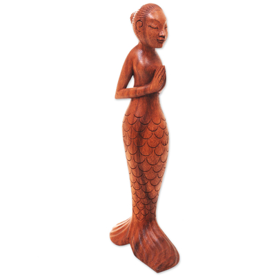 Escultura de madera - Escultura de madera firmada tallada a mano de sirena de yoga balinesa
