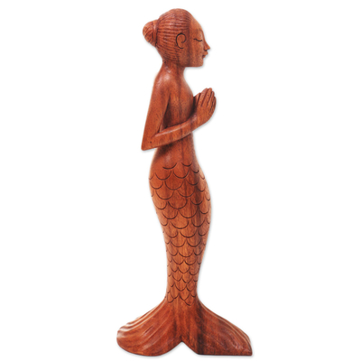 Holzskulptur - Balinesische Yoga-Meerjungfrau, handgeschnitzte, signierte Holzskulptur