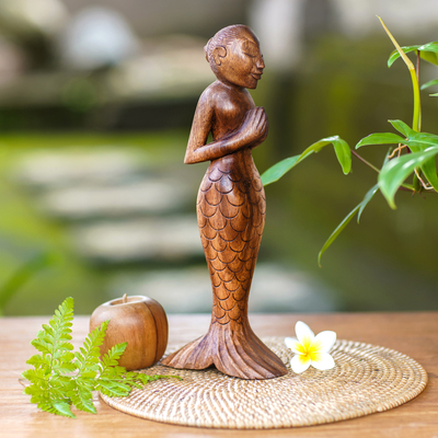 Wood sculpture, 'Namaste Mermaid' - Balinese Yoga Mermaid Hand Carved Signed Wood Sculpture