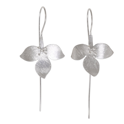 Sterling silver drop earrings, 'Silver Tri Flower' - Artisan Crafted Sterling Silver Floral Drop Earrings