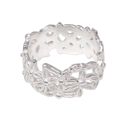 Sterling silver band ring, 'Frangipani Circle' - Artisan Crafted Sterling Silver Floral Ring from Bali