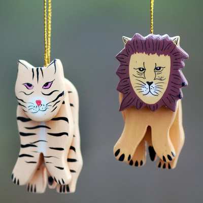 Wood ornaments, 'Tiger and Lion' (pair) - 2 Hand Crafted Tiger and Lion Holiday Hanging Ornaments