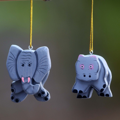 Wood ornaments, 'Hippo and Elephant' (pair) - 2 Hand Crafted Hippo and Elephant Hanging Holiday Ornaments