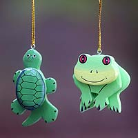 Wood ornaments, 'Turtle and Frog' (pair) - 2 Hand Crafted Frog and Turtle Hanging Ornaments from Bali