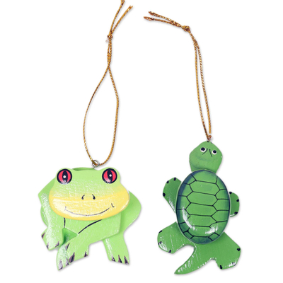 2 Hand Crafted Frog and Turtle Hanging Ornaments from Bali