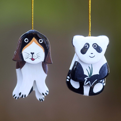 Wood ornaments, 'The Pup and the Panda' (pair) - Hand Crafted Dog and Panda Hanging Ornaments Holiday Art