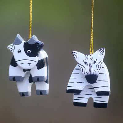 Wood ornaments, 'Zebra and Cow' (pair) - Balinese Hand Crafted Wood Zebra and Cow Ornaments (Pair)