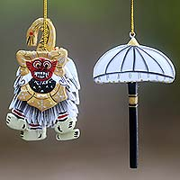 Wood ornaments, 'Barong and Umbrella' (pair) - Balinese Artisan Crafted Wood Holiday Ornaments (Pair)