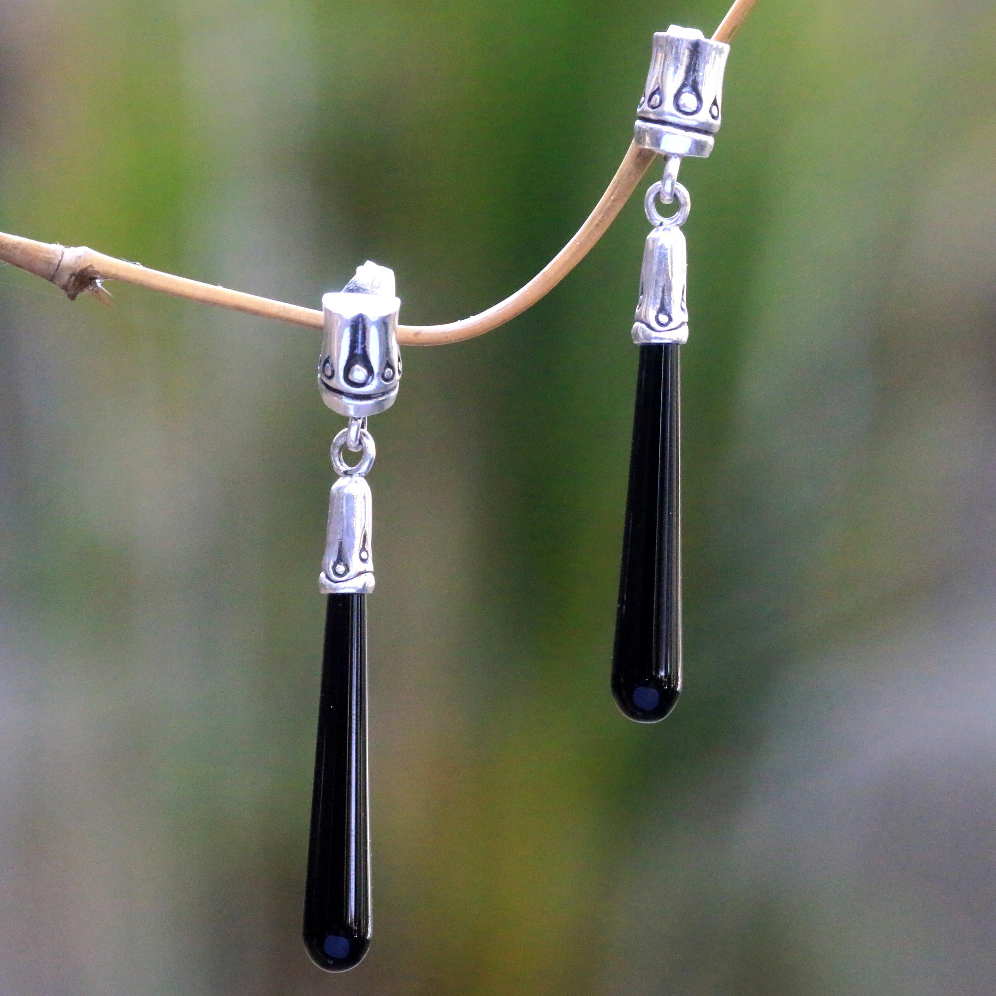 Artisan Crafted Onyx and Sterling Silver Dangle Earrings - Black