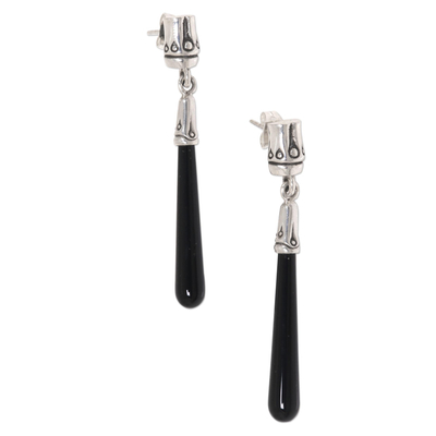 Onyx dangle earrings, 'Black Wand' - Artisan Crafted Onyx and Sterling Silver Dangle Earrings