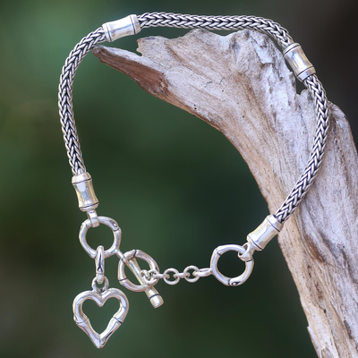 Sterling silver charm bracelet, 'Bamboo Heart' - Balinese Bamboo Motif Sterling Silver Heart Charm Bracelet