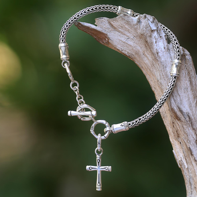Sterling silver charm bracelet, 'Bamboo Spiritual' - Hand Crafted Sterling Silver Cross Charm Bracelet from Bali