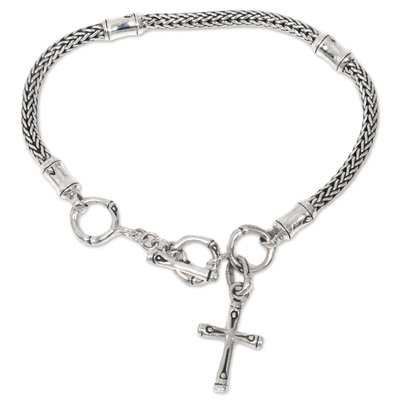 Sterling silver charm bracelet, 'Bamboo Spiritual' - Hand Crafted Sterling Silver Cross Charm Bracelet from Bali