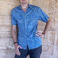 Men's Short Sleeve Blue Cotton Batik Shirt,'Blue Bali Expedition'