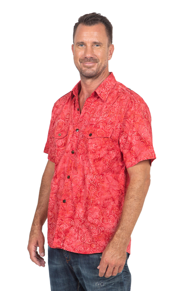 Baumwollhemd für Herren - Rotes, kurzärmliges Batik-Herrenhemd aus Baumwolle