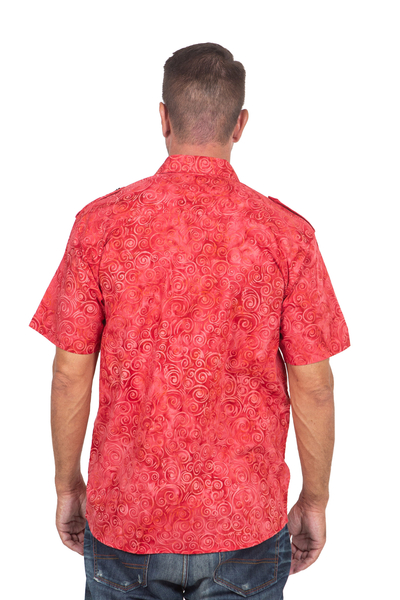 Camisa de algodón para hombre - Camisa de hombre de manga corta batik de algodón rojo
