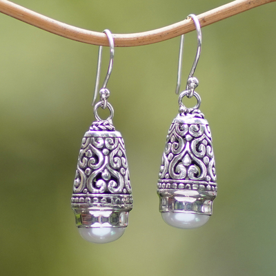 Cultured pearl dangle earrings, Bells of Bali